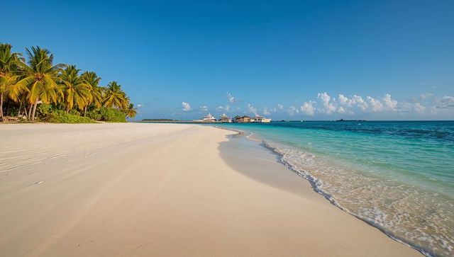 Palm-fringed sand beach curving into turquoise lagoon with yachts and overwater bungalows