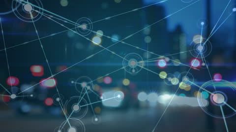 Digital Network Over Modern Cityscape at Night