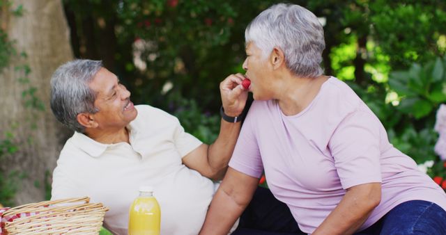 Image of happy biracial senior couple eating strawberries, having picnic in garden. active retirement lifestyle, senior relationship and spending time together concept.