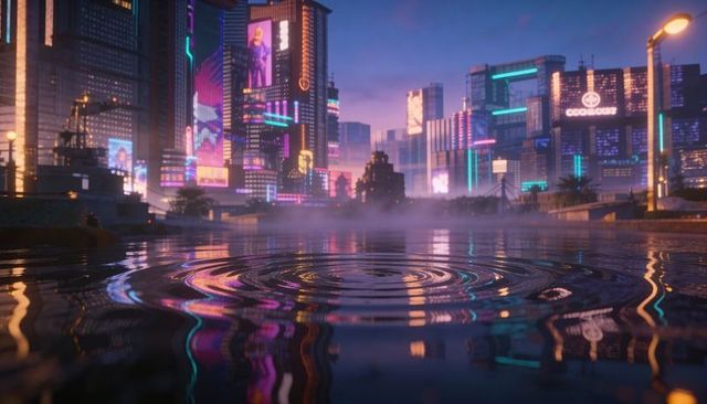 Neon city reflections: rippling water, misty promenade and cyberpunk skyline at dusk
