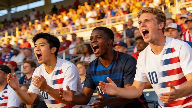 Three diverse soccer fans cheering loudly in sunlit stadium stands, jerseys 10 20