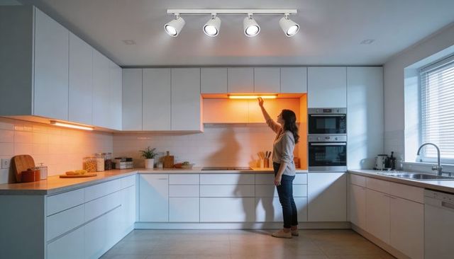 Woman adjusting cabinet light in modern minimalist white kitchen with warm undercabinet glow