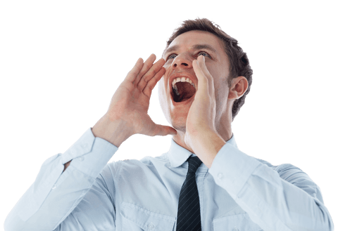 Excited businessman shouting transparent background