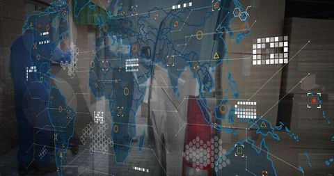 Delivery Personnel with Digital World Map Interface Overlay