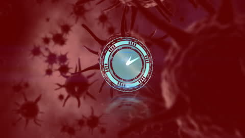Virus Cells with Spinning Clock Symbolizing Time and Health