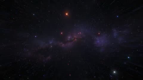 Sweeping Starfield Traveling Through Violet Nebula With Red-Orange Stars and Light Trails