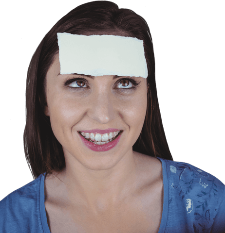 Brunette woman with blank paper on forehead transparent background