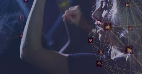 Neon club singer with social media network overlay for live streaming nightlife vibes scene