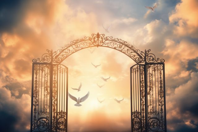 Ornate gates opening to a radiant, glowing sky filled with clouds and flying doves, conveying themes of spirituality, divine presence, and the afterlife. Ideal for use in religious publications, inspirational posters, and thematic artwork on faith and spirituality. Suitable for content related to hope, peace, and celestial imagery.