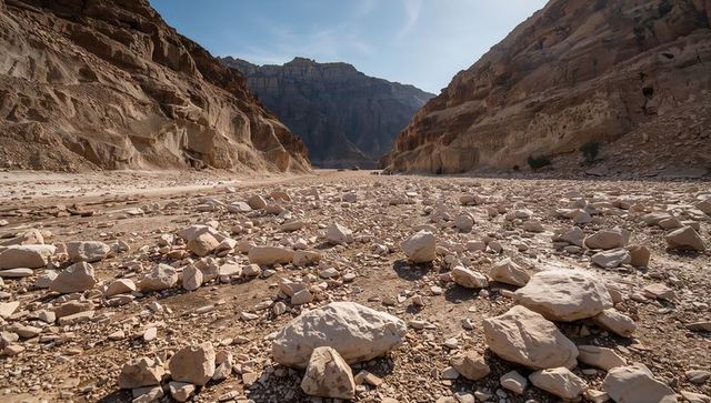 Dry riverbed stretching through stratified sandstone canyon under clear blue sky
