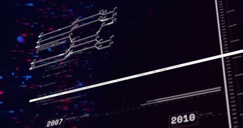 Neon timeline visualizing digital data flow and circuitry with glitch, 2007 marker