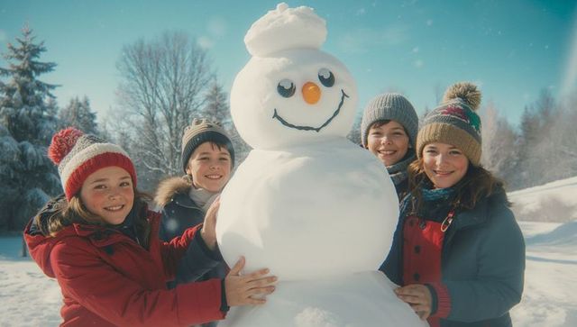 Children Enjoying Snowy Day with Snowman in Winter Wonderland
