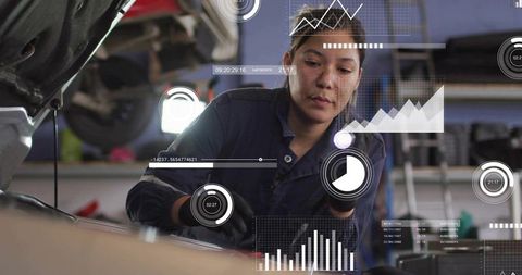 Female Technician Inspecting Car Engine with HUD Telemetry Overlay for Smart Diagnostics