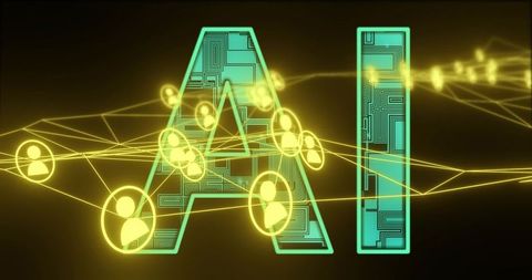 Neon ai letters with circuitry and glowing network avatar nodes on dark futuristic backdrop