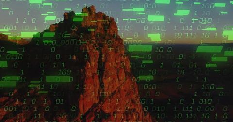 Digital Overlay on Desert Mesa with Binary Code Theme