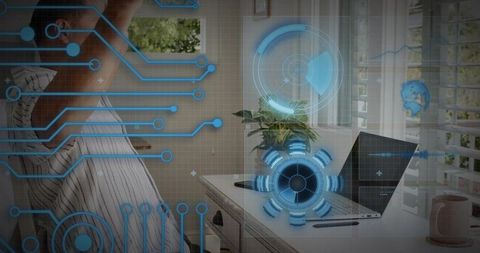 Working remote in home office with holographic hud and laptop workspace