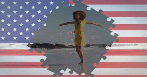 Woman Celebrating on Beach with USA Flag Jigsaw Concept