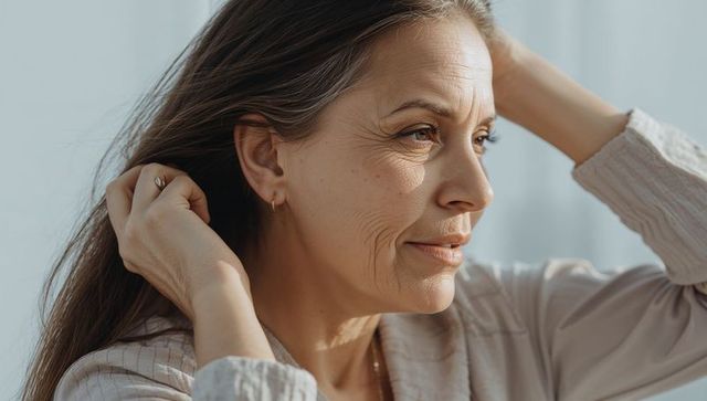 Middle-aged woman tucking hair behind ear, serene warm-lit closeup portrait
