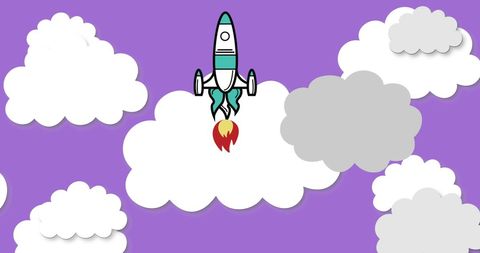 Rocket Launching Through Digital Clouds on Purple Background