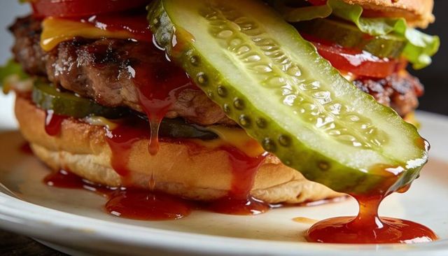 Close-up dripping ketchup cheeseburger with crunchy pickle, melted cheddar and lettuce