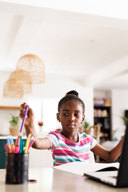 Vertical of african american girl at desk reaching for pen during online lesson at home, copy space. Education, childhood, home schooling and domestic life concept.
