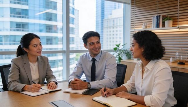 Three coworkers collaborating in modern boardroom taking notes during meeting with city skyline