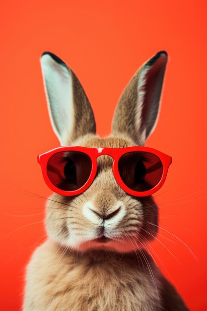 Rabbit wearing sunglasses on red background, created using generative ai technology. Rabbit, animal, summer and vacation concept digitally generated image.