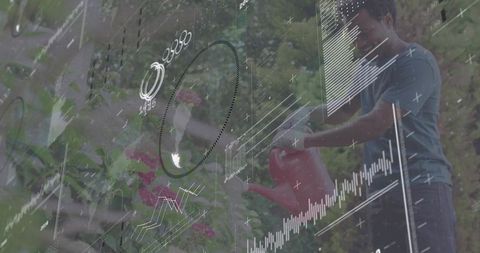 Man Watering Backyard Shrubs with Red Watering Can and Futuristic Data HUD Overlay