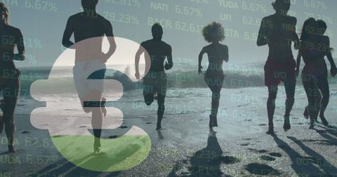 Friends Running on Beach with Euro Currency Overlay