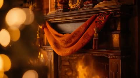 Cozy holiday fireplace burning logs, carved mantel with festive drape and golden bokeh