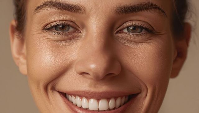 Smiling Woman Showing Natural Skin Texture and Hazel Eyes, Minimalist Beauty Closeup
