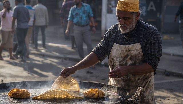 Senior street vendor flipping paratha on large tawa griddle wearing yellow cap and apron