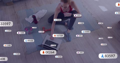 Woman Exercising at Home with Social Media Notifications