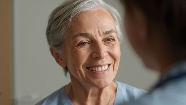 Senior nurse smiling during compassionate healthcare consultation showing empathy and trust