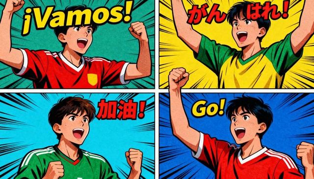 Pop art soccer cheer: comic-style teen fans celebrating in four-panel halftone grid