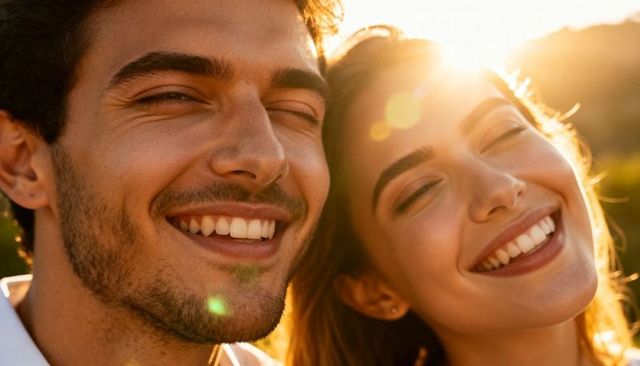Smiling couple leaning close at golden hour with warm lens flare and sunlit glow