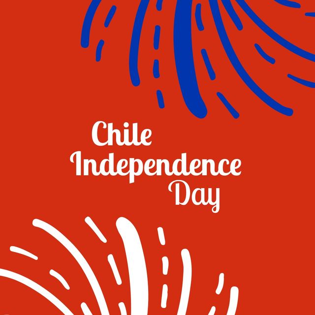 Illustration suitable for promoting Chile's Independence Day celebrations. Ideal for use in social media posts, event posters, flyers, and greeting cards. The red background with blue and white patterns reflects the national colors of Chile, conveying a festive and patriotic spirit.