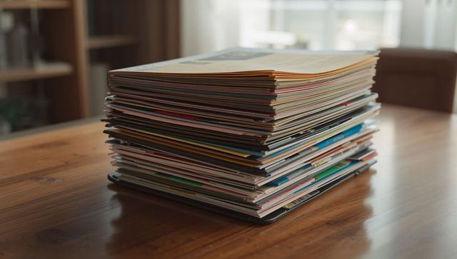 Stack of colorful magazines arranged on wooden table in cozy living room