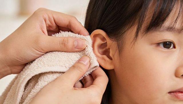 Caregiver wiping child's ear with soft beige towel closeup gentle nurturing hygiene routine