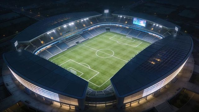 Illuminating modern soccer stadium at night from aerial view with floodlights and pitch