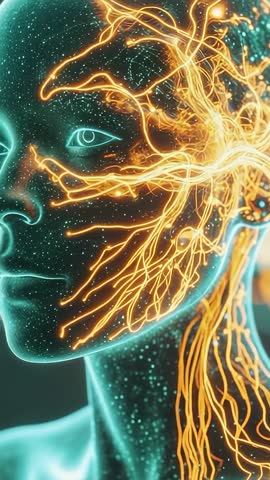 Vertical Futuristic Sequence Showing Cyan Head Forming Pulsing Orange Neural Filaments