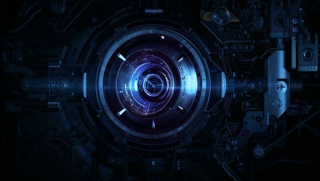 Pulsing cyber core aperture emitting concentric blue purple rings with futuristic hud