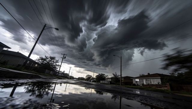 Supercell storm swirling over low-angle suburban street with dramatic cloud reflection