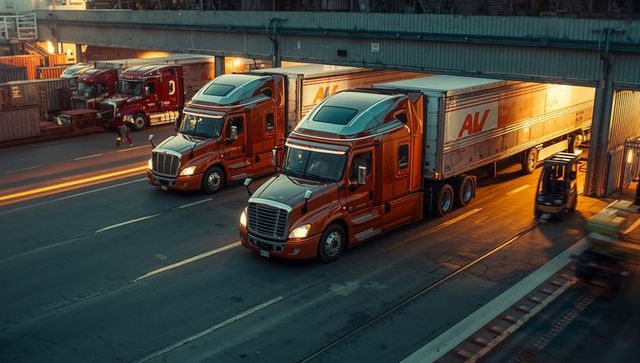 Red semi trucks at freight dock with forklift at night