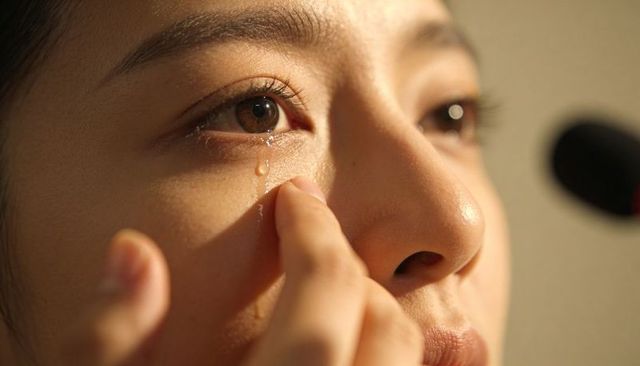 Closeup asian woman wiping tear with fingertip under warm side light, emotional portrait