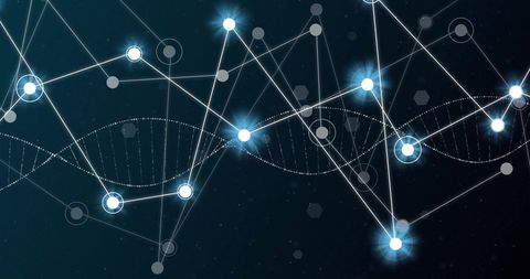 Digital dna strand network with glowing nodes