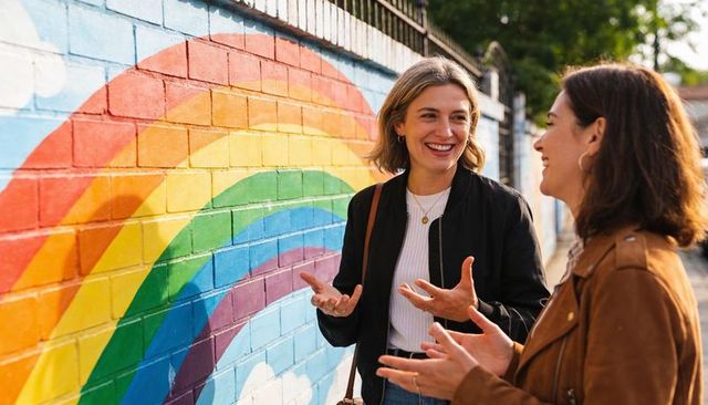 Friends chatting by rainbow mural on brick wall, casual jackets and hoop earrings