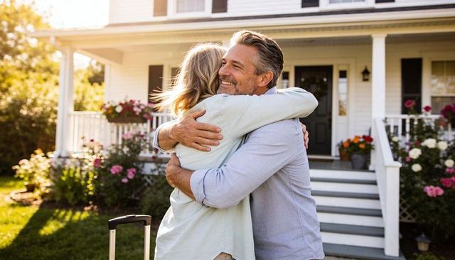 Middle-aged couple embracing on sunlit front porch with suitcase, homecoming romance