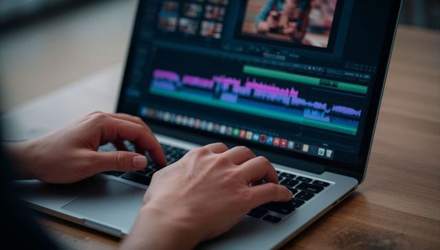 Editing video and audio on laptop keyboard hands typing timeline with colorful waveforms