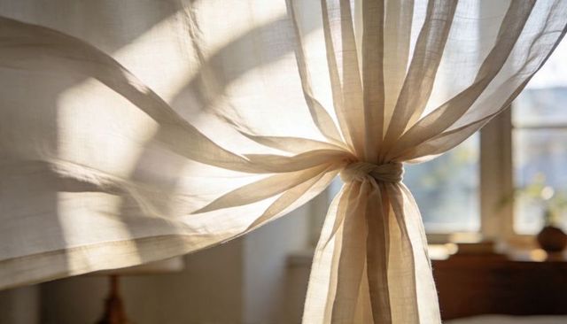 Sunlit sheer curtain billowing with knotted tieback creating warm cozy interior mood